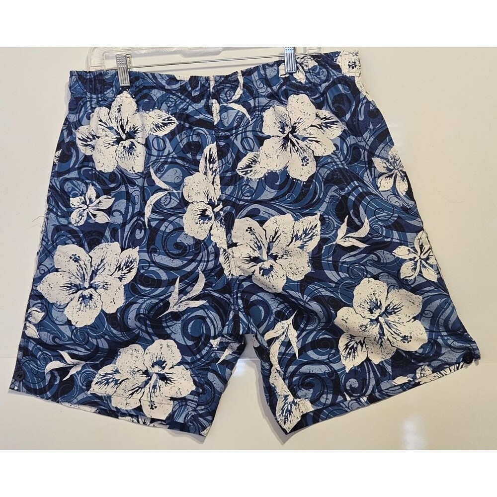 Hawaiian Authentics Men's Swim Trunks Size LG Blue Tropical Hibiscus Board Short